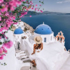 Colorful Greek Island Scene with Blue-Domed Buildings and Sailboats