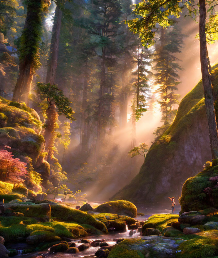 Tranquil forest scene with stream and towering trees
