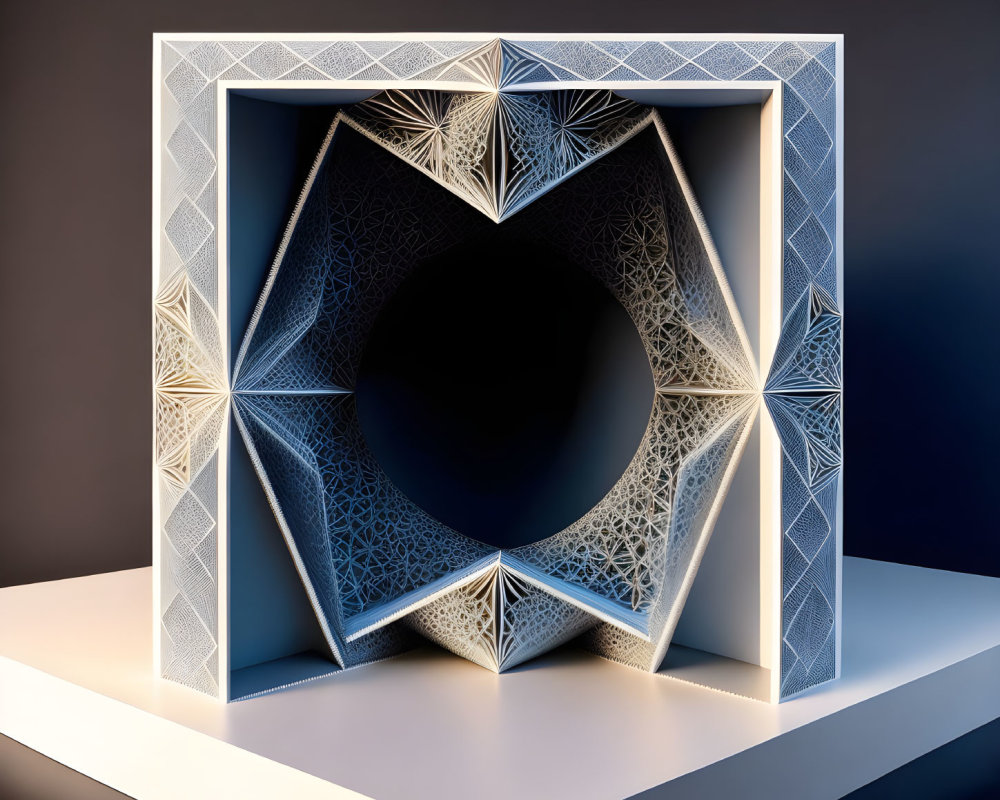 Intricate 3D paper art with geometric patterns and circular void on pedestal against dark background