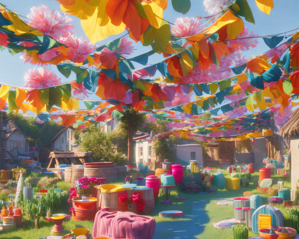 Colorful Village Scene with Flowers and Decorations in Warm Sunlight