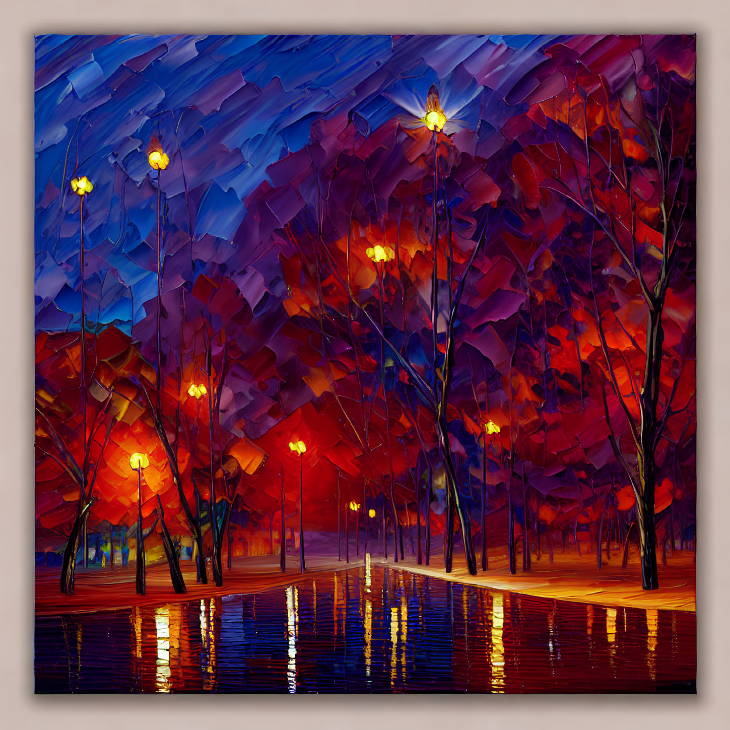 Colorful Night Park Scene with Trees and Lampposts in Vibrant Painting