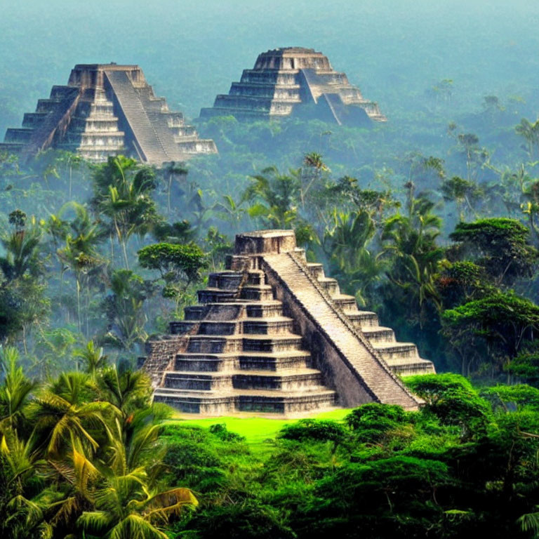 Ancient Mayan Pyramids in Lush Jungle Setting