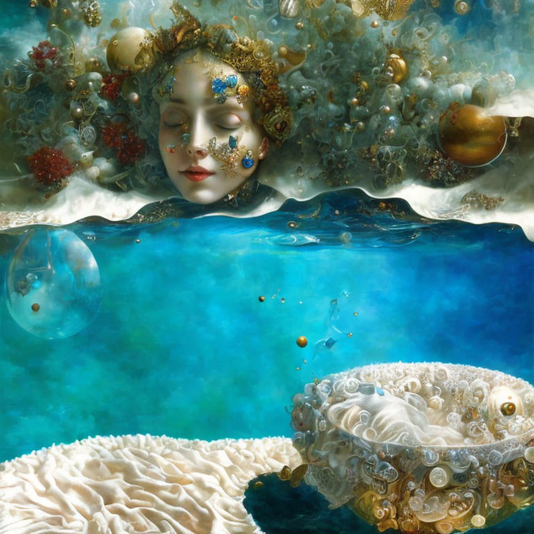 Surrealistic painting of woman's face in water with sea-life elements