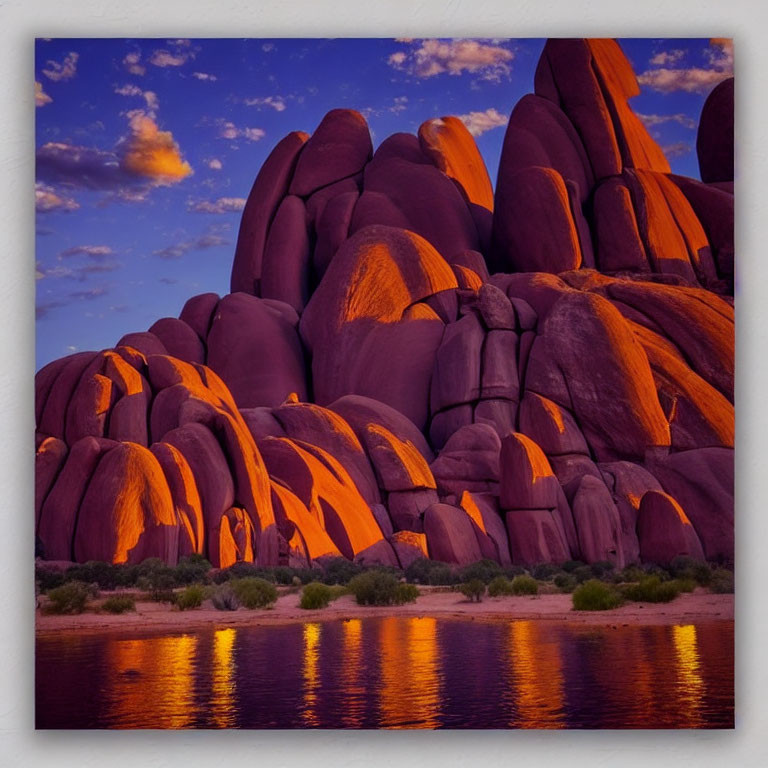 Scenic dusk landscape with massive purple rocks by tranquil river