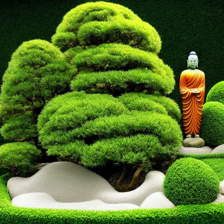 Japanese Zen Garden with Buddha Statue and Miniature Trees
