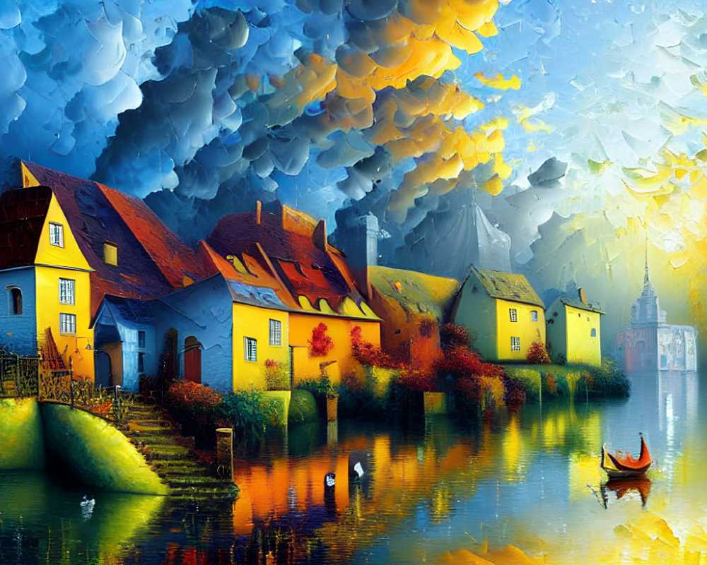 Colorful houses and serene river in surreal townscape under blue and yellow sky.