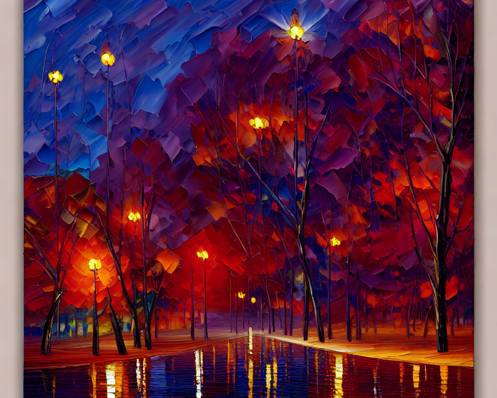 Colorful Night Park Scene with Trees and Lampposts in Vibrant Painting