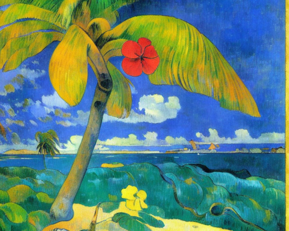 Colorful painting of a bending palm tree by the sea