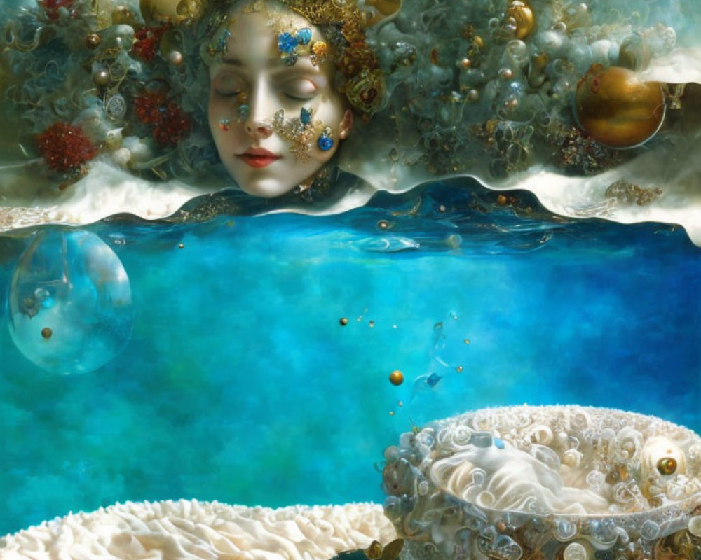 Surrealistic painting of woman's face in water with sea-life elements