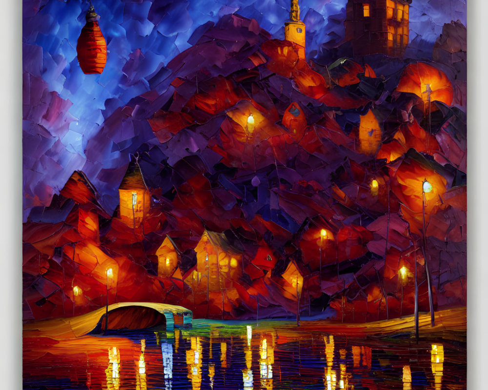 Colorful expressionist painting of urban night scene with illuminated windows, church tower, wet pavement, and