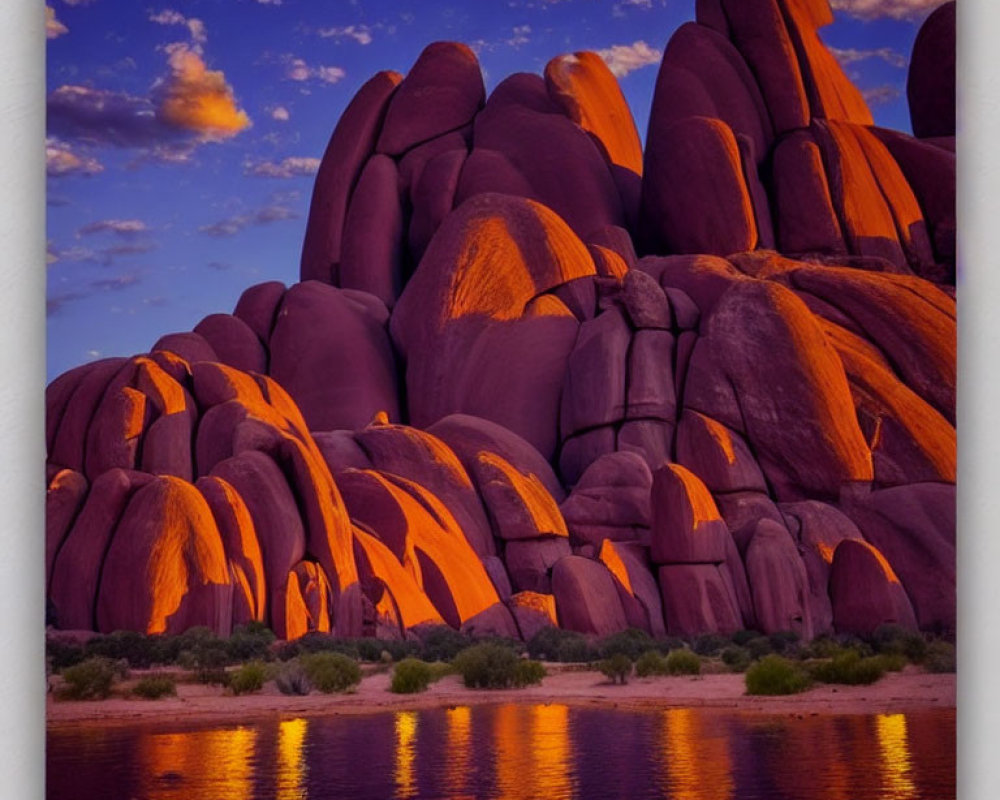Scenic dusk landscape with massive purple rocks by tranquil river