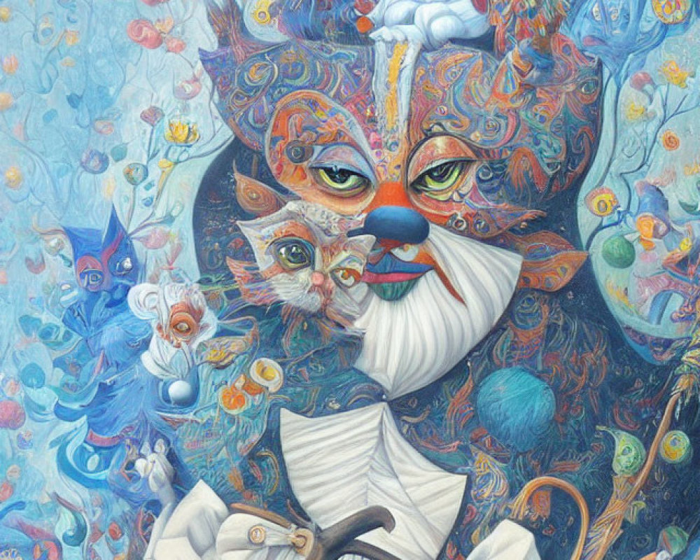 Vibrant artwork of cats forming feline figure with anchor, surrounded by aquatic motifs.