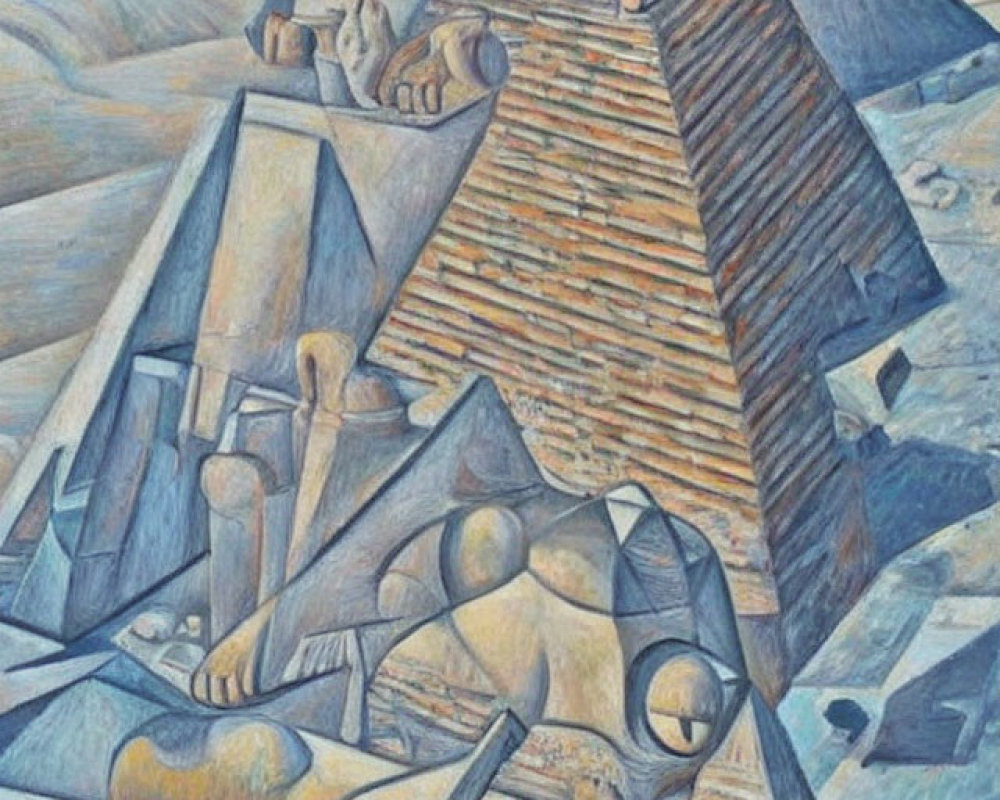 Cubist painting of Egyptian pyramids and Sphinx in muted tones