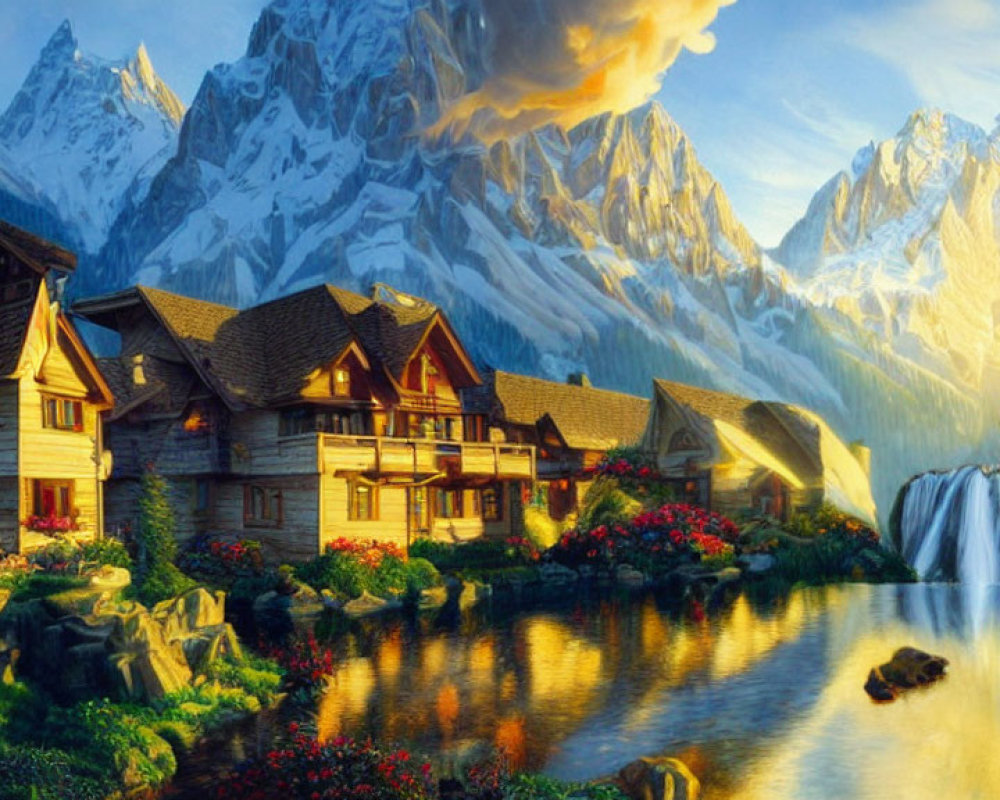 Scenic village with wooden houses by serene lake, waterfalls, mountains, and greenery
