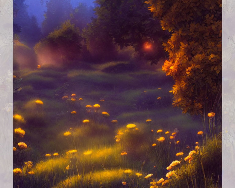 Tranquil digital artwork: Twilight meadow with golden light and yellow flowers
