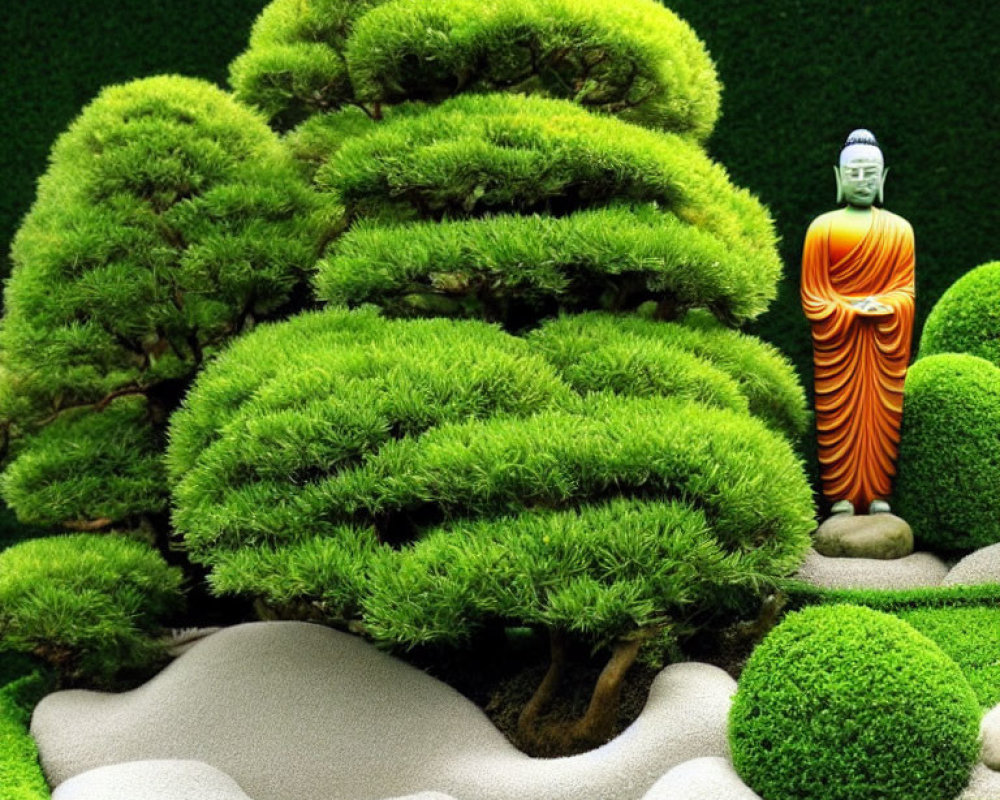 Japanese Zen Garden with Buddha Statue and Miniature Trees