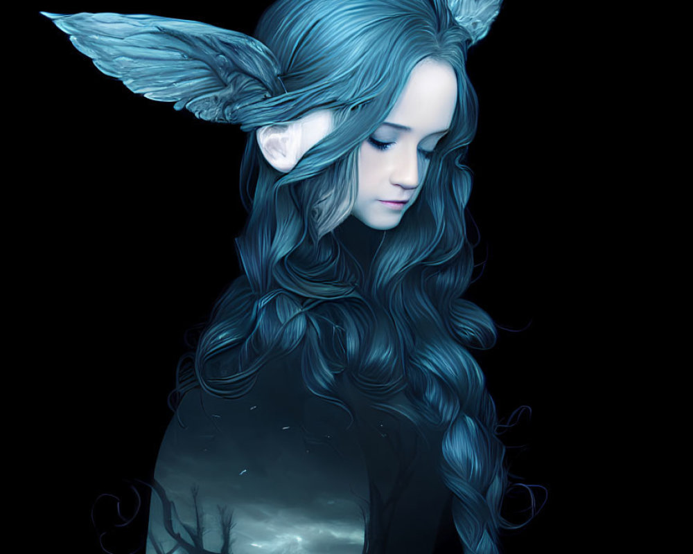Fantastical portrait of female figure with pointed ears and blue hair on dark background