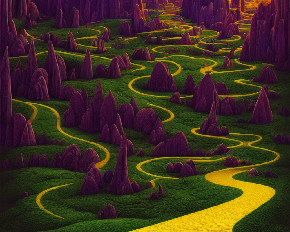 Yellow Brick Road Through Fantasy Landscape at Sunset