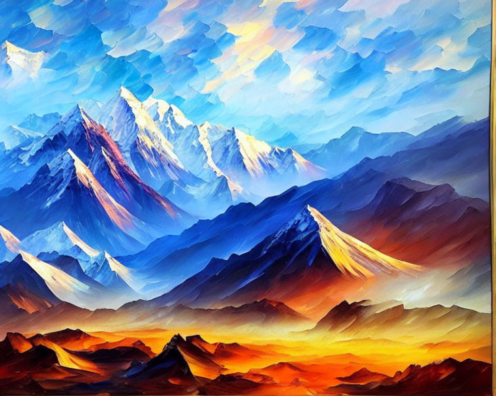 Mountain Peaks Sunset Painting in Wooden Frame