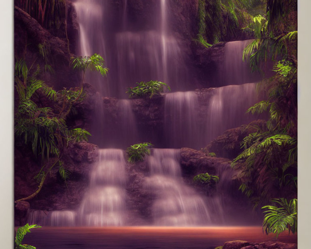 Tranquil waterfall in misty forest setting