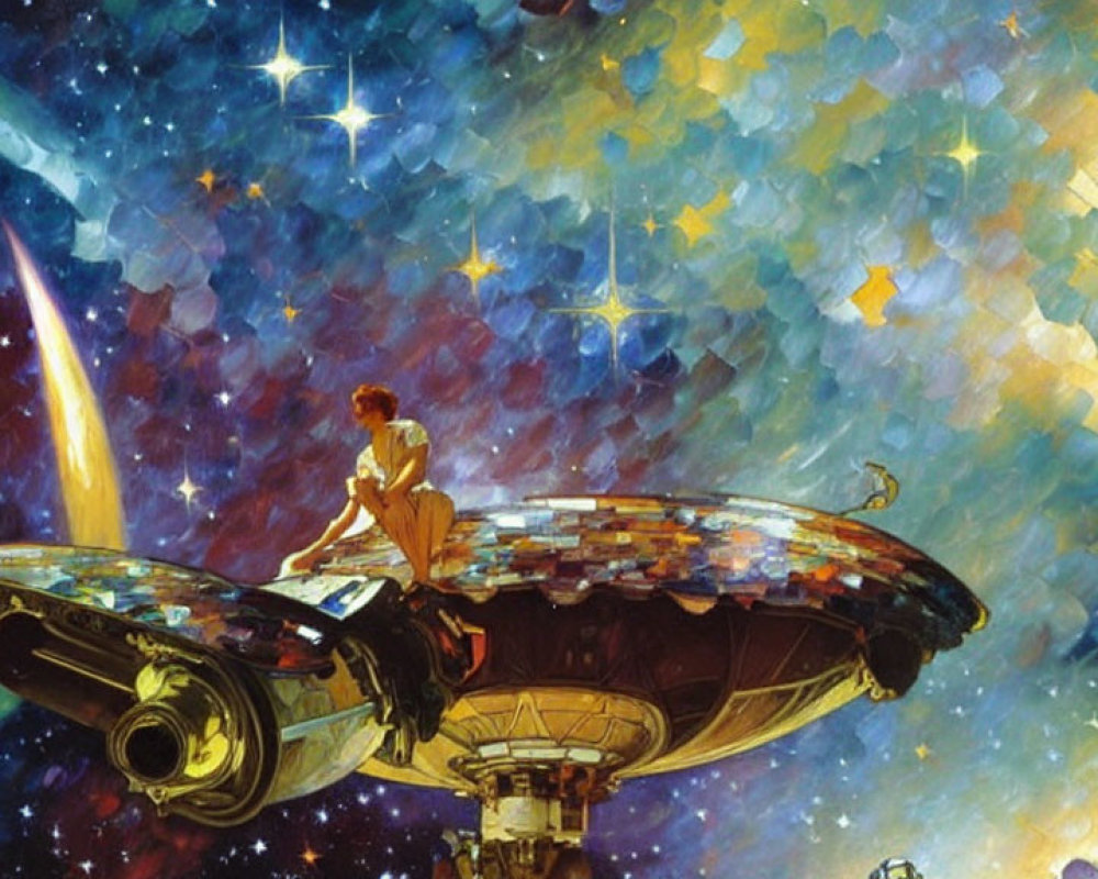 Person sitting on reflective spaceship in colorful cosmos