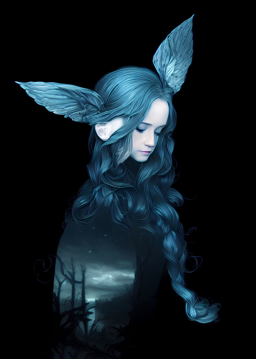 Fantastical portrait of female figure with pointed ears and blue hair on dark background