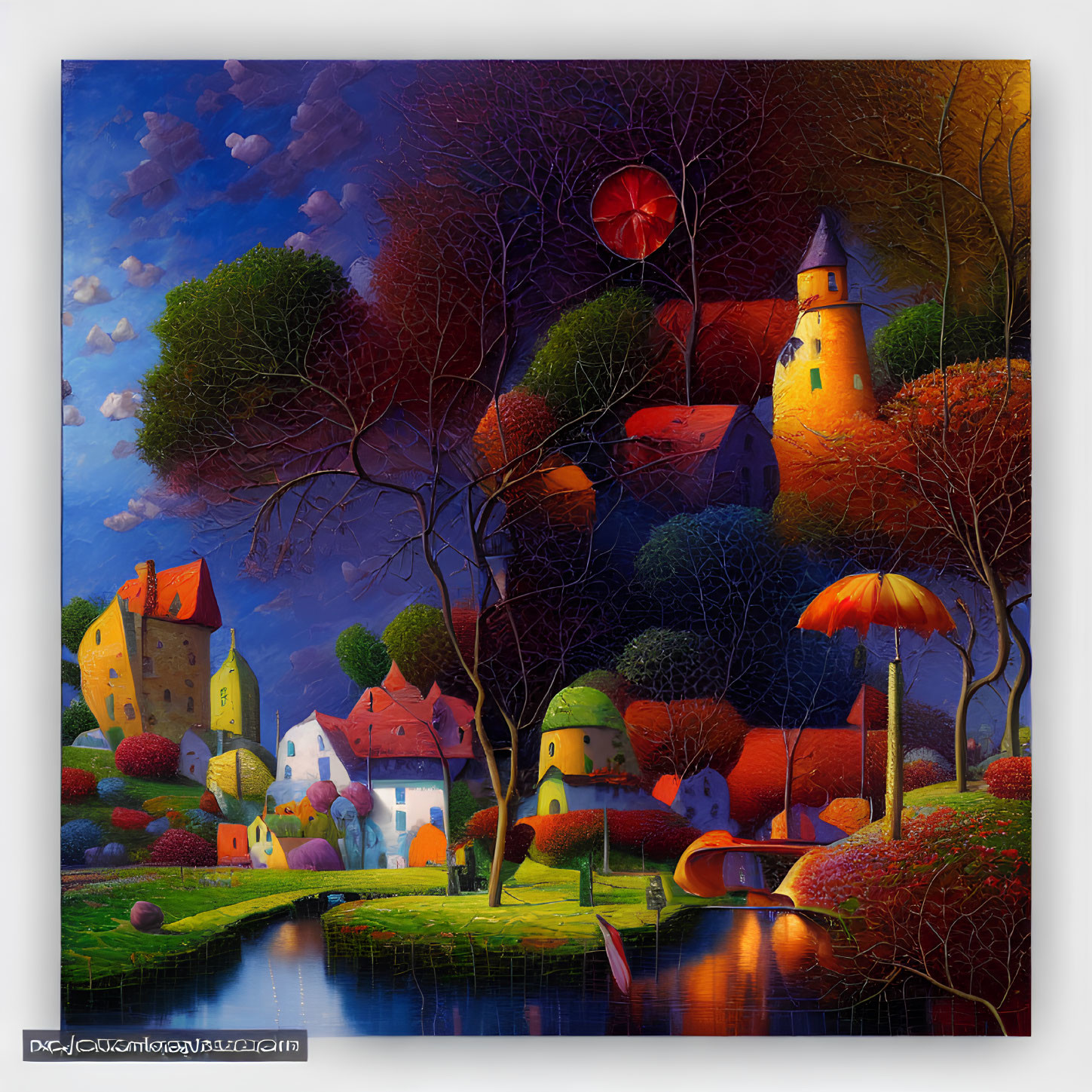 Colorful village painting with whimsical trees and floating hearts