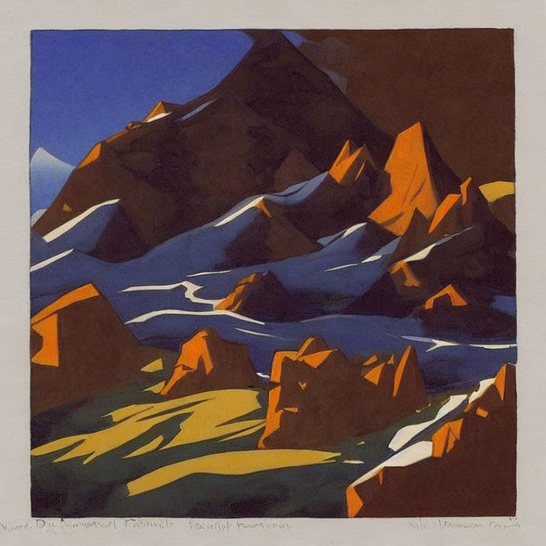 Mountainous Landscape Print with Sunset Shadows in Warm and Cool Tones