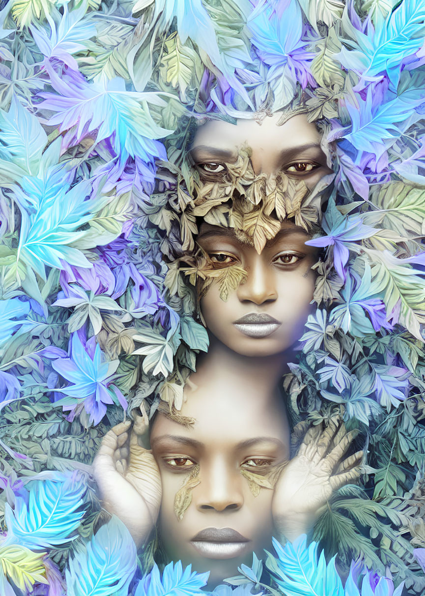 Surreal portrait featuring blended faces and vibrant foliage in blue, purple, and green