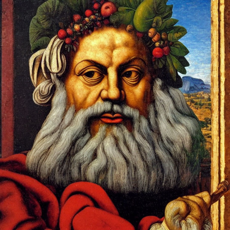 Portrait of Bearded Man with Fruit Laurel and Gold Staff in Red Drapery