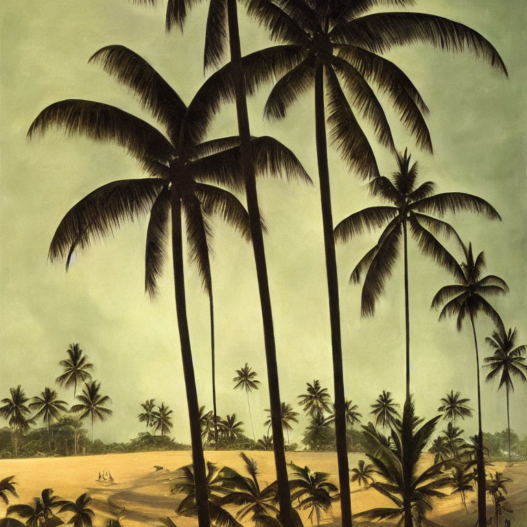 Tropical palm trees against subdued sky and ocean glimpse
