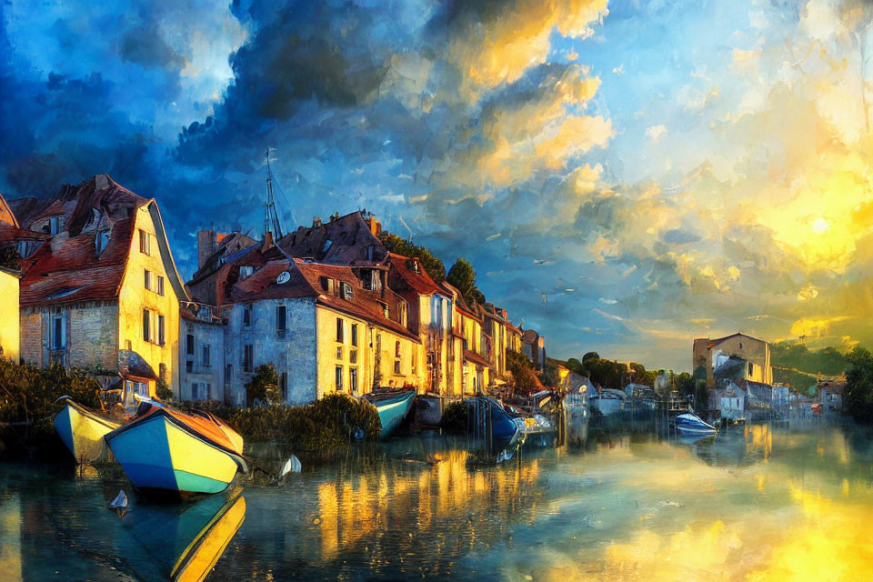Scenic riverside view with moored boats, townhouses, and dramatic sunset sky