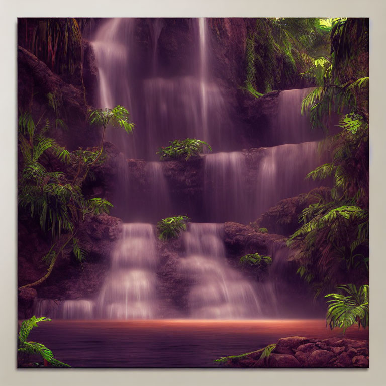 Tranquil waterfall in misty forest setting