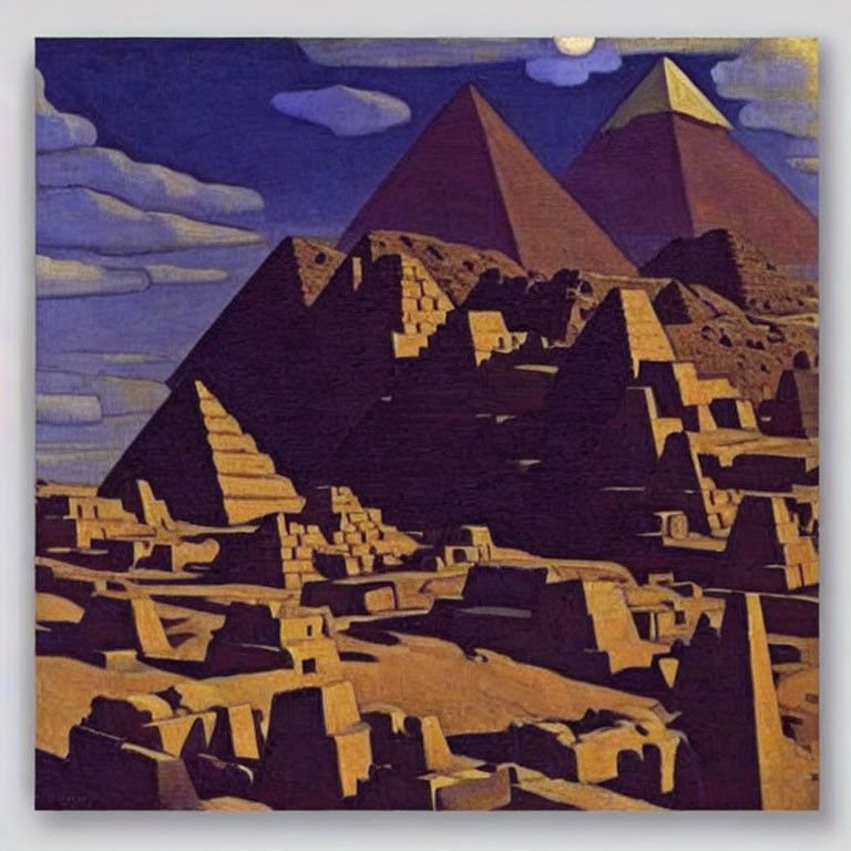 Geometric shadows on Great Pyramids under deep blue sky