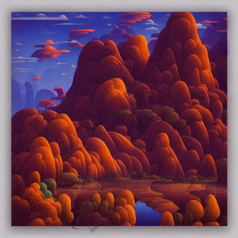Stylized landscape with rounded hills, pink and orange sky, and blue river