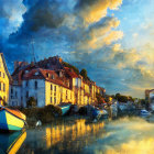 Colorful houses and serene river in surreal townscape under blue and yellow sky.