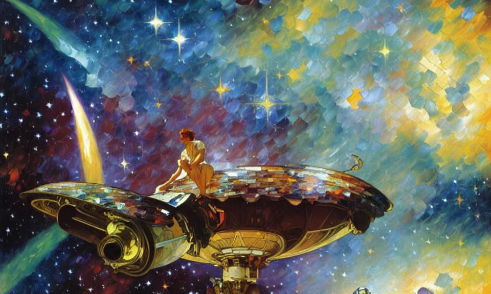 Person sitting on reflective spaceship in colorful cosmos
