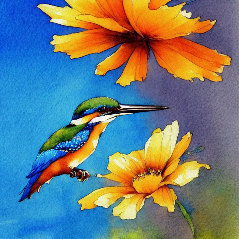 Colorful Kingfisher Perched on Stem with Orange Flowers on Blue Background