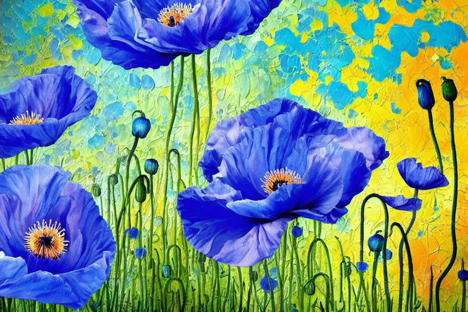 Colorful painting of blue poppies on textured background in garden scene