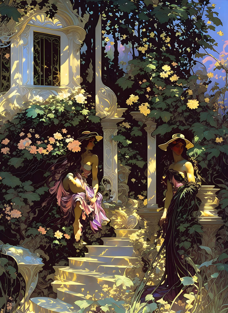 Illustration of two women in serene garden with lush staircase and classical architecture