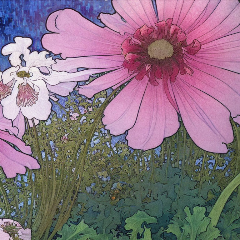 Large Pink Flowers Illustration on Blue Textured Background