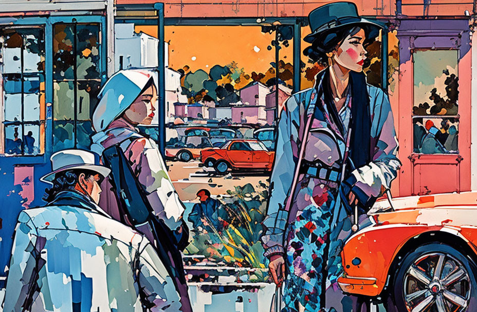 Colorful Urban Bus Stop Illustration with People Waiting