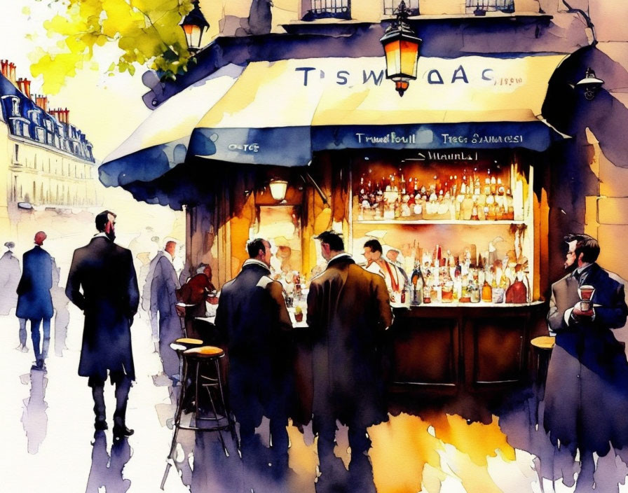 Colorful Watercolor Painting of People at Outdoor Bar with Warm Lighting