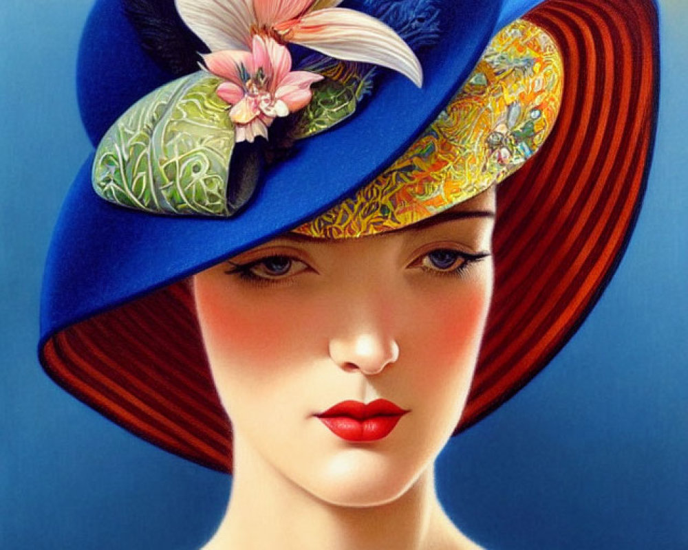 Portrait of woman with red lips in stylish blue hat with flowers and bird on blue background