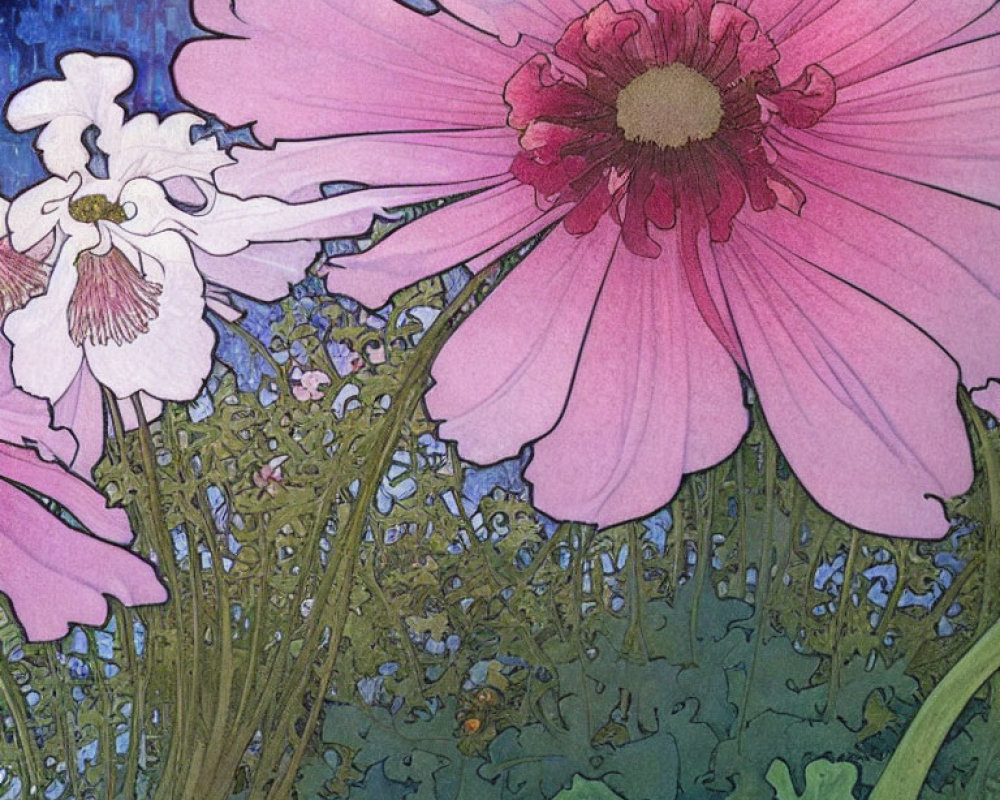 Large Pink Flowers Illustration on Blue Textured Background