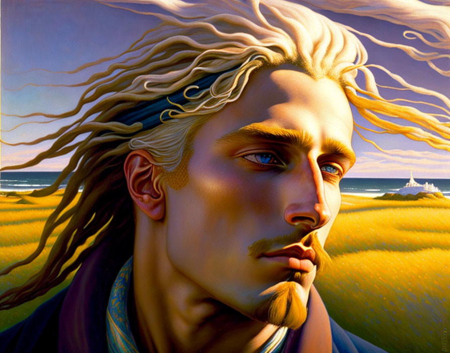 Stylized portrait of a man with blond hair in golden field scenery
