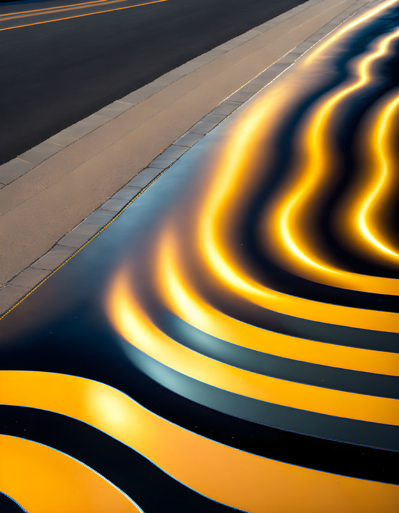 Surreal optical illusion: Undulating neon-like road lines