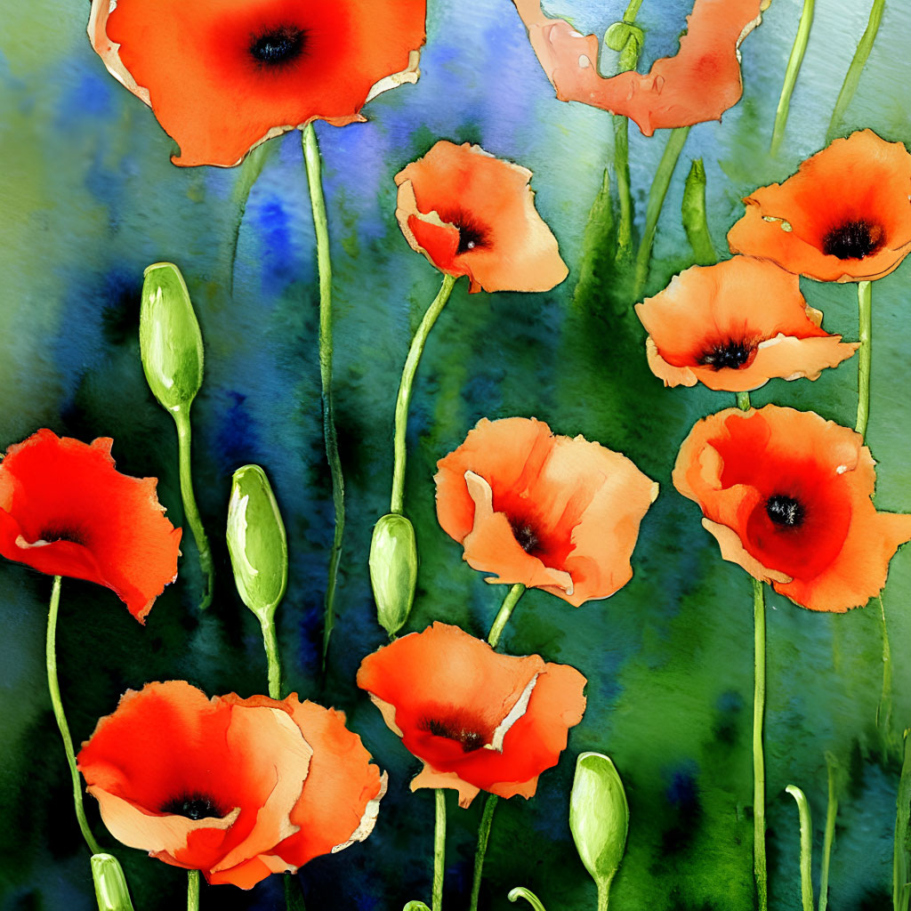 Colorful Watercolor Painting of Red Poppies on Textured Background