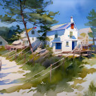 Tranquil coastal landscape with white house, red chimney, green trees, sandy path, and wooden