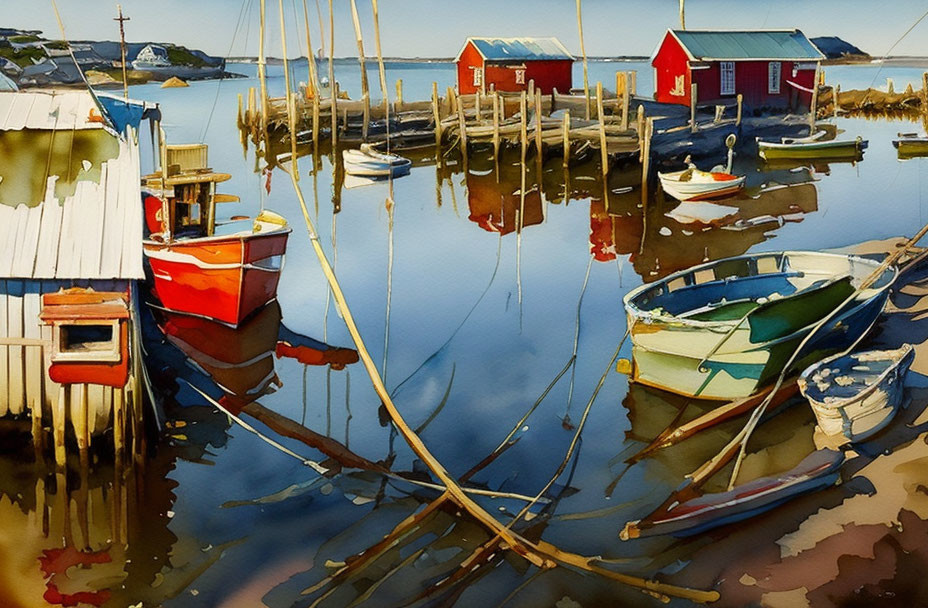 Serene harbor scene with boats, piers, and red houses under blue sky